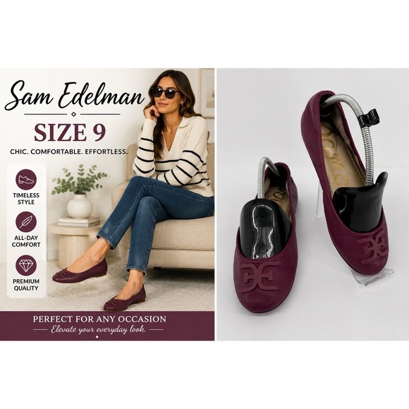 Sam Edelman Shoes - Sam Edelman Leather Ballet Flats Womens Size 9 Wine Burgundy Logo Toe Slip On